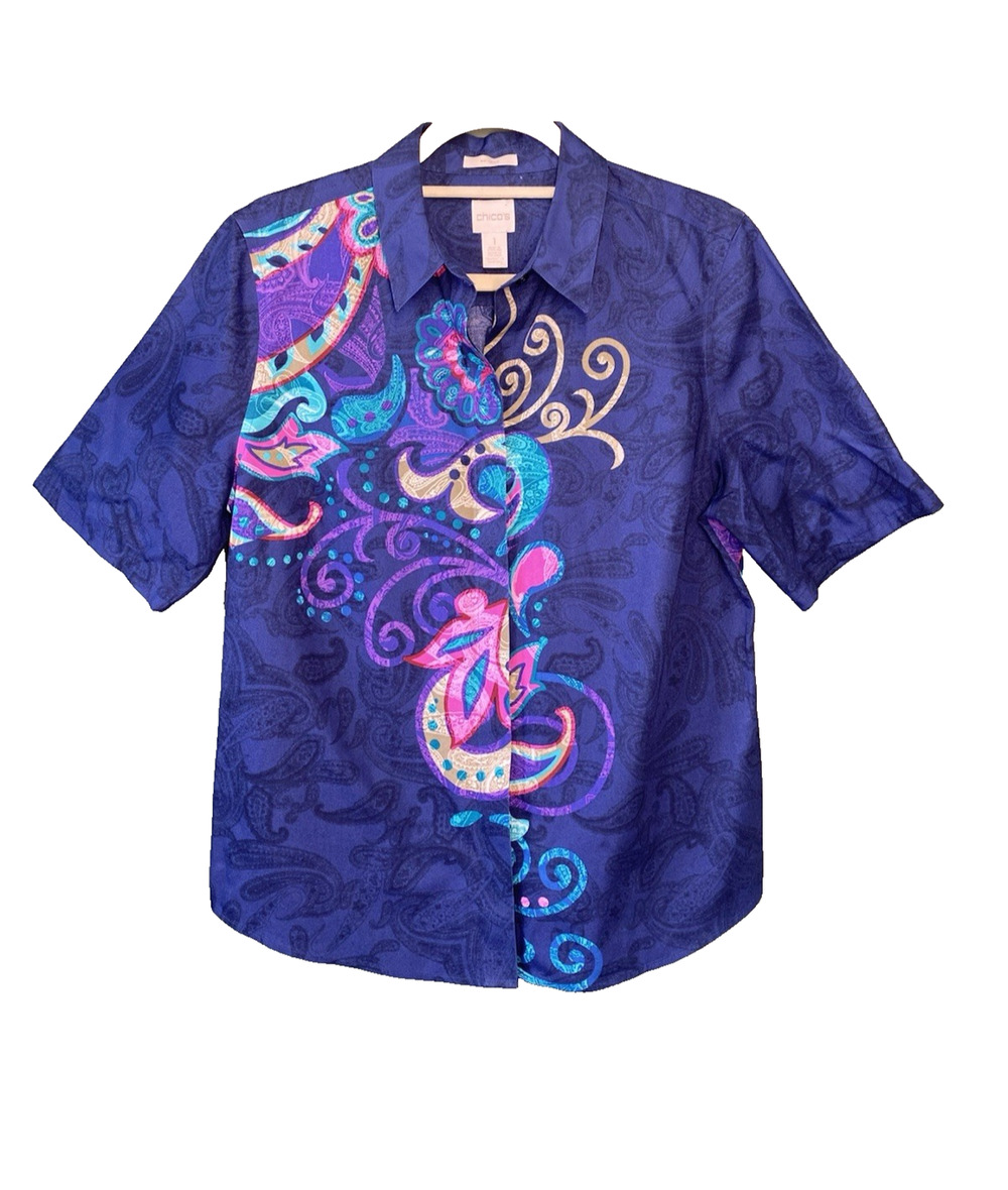 Chicos No Iron Shirt Womens Size 1 US 8/10 Blue Artsy Short Sleeve Double Sided
